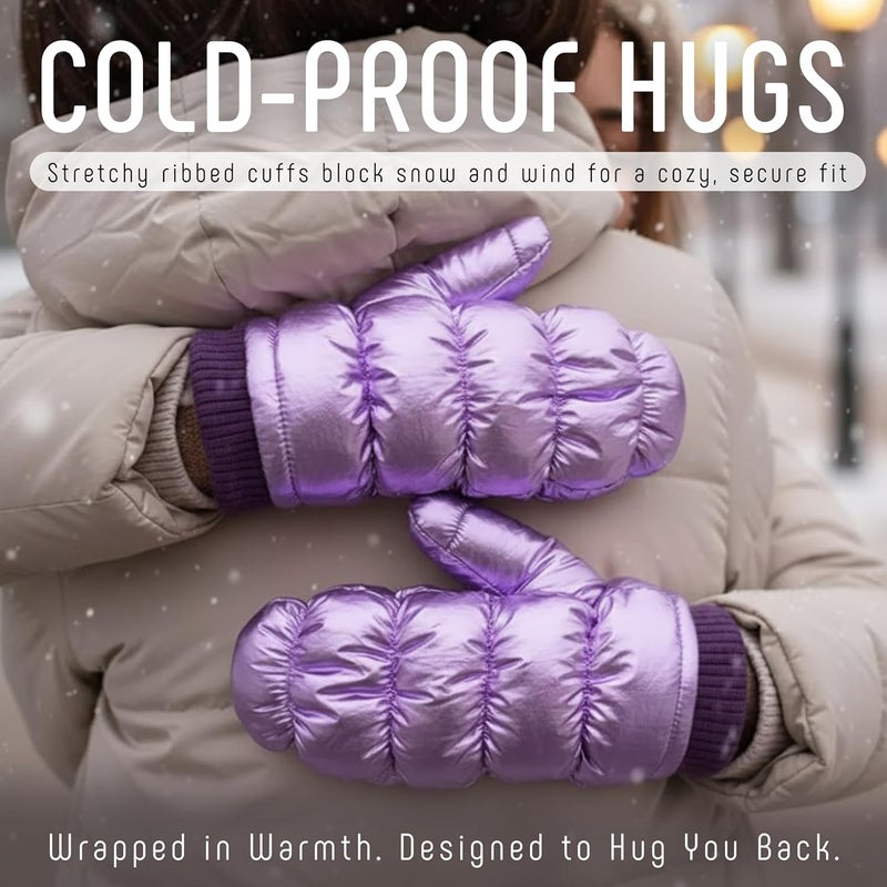 Funky Junque Women's Fleece Lined Puffer Mittens Gloves, Cold Weather Accessory for Ice Skating, Shiny Metallic Knit Cuff - Image 2